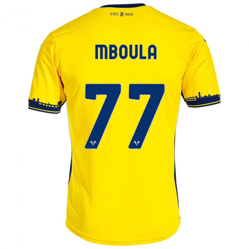 Kinder Jordi Mboula #77 Gelb Auswärtstrikot Trikot 2023/24 T-Shirt Österreich