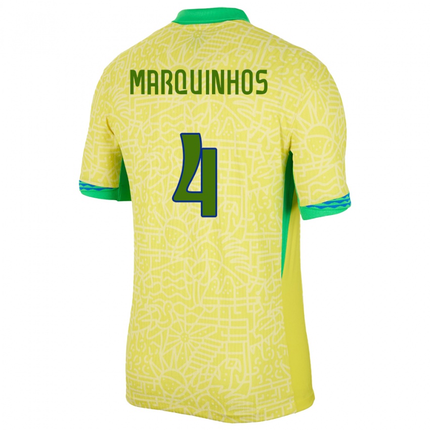 Herren Brasilien Marquinhos #4 Gelb Heimtrikot Trikot 24-26 T-Shirt Österreich