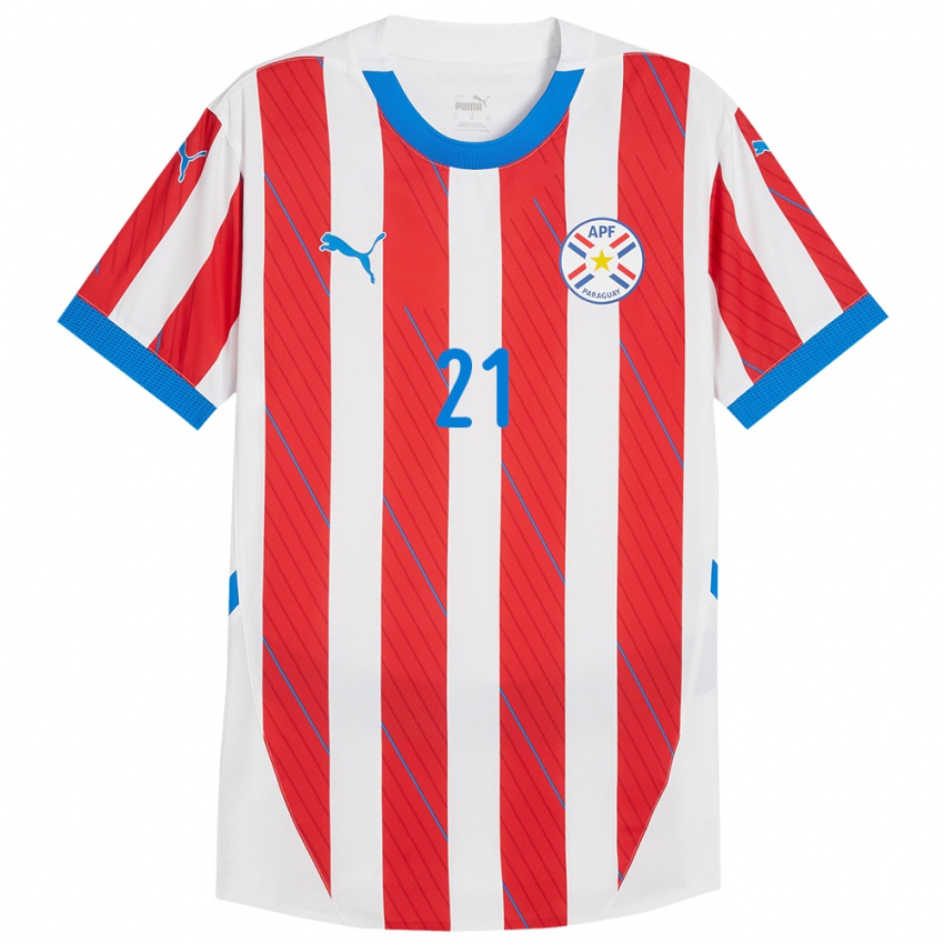 Damen Paraguay Fiorela Martínez #21 Weiß Rot Heimtrikot Trikot 24-26 T-Shirt Österreich