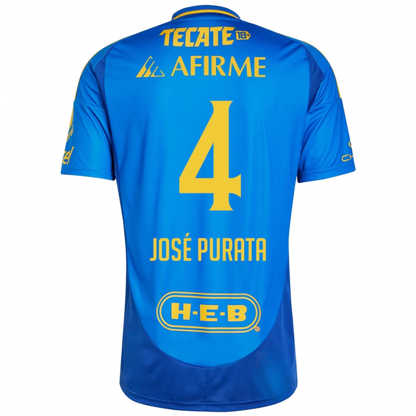 Kinder Juan Jose Purata #4 Blau Gelb Auswärtstrikot Trikot 2024/25 T-Shirt Österreich