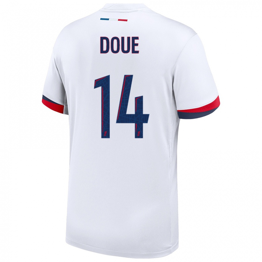 Damen Désiré Doué #14 Weiß Blau Rot Auswärtstrikot Trikot 2024/25 T-Shirt Österreich