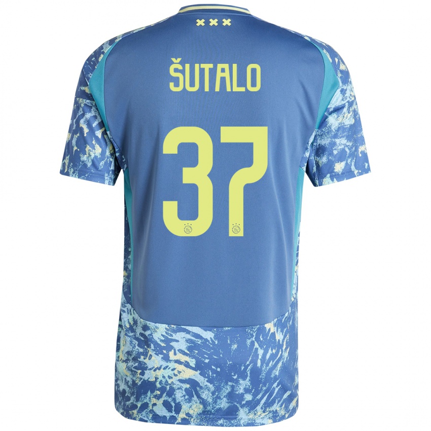 Kinder Josip Sutalo #37 Grau Blau Gelb Auswärtstrikot Trikot 2024/25 T-Shirt Österreich