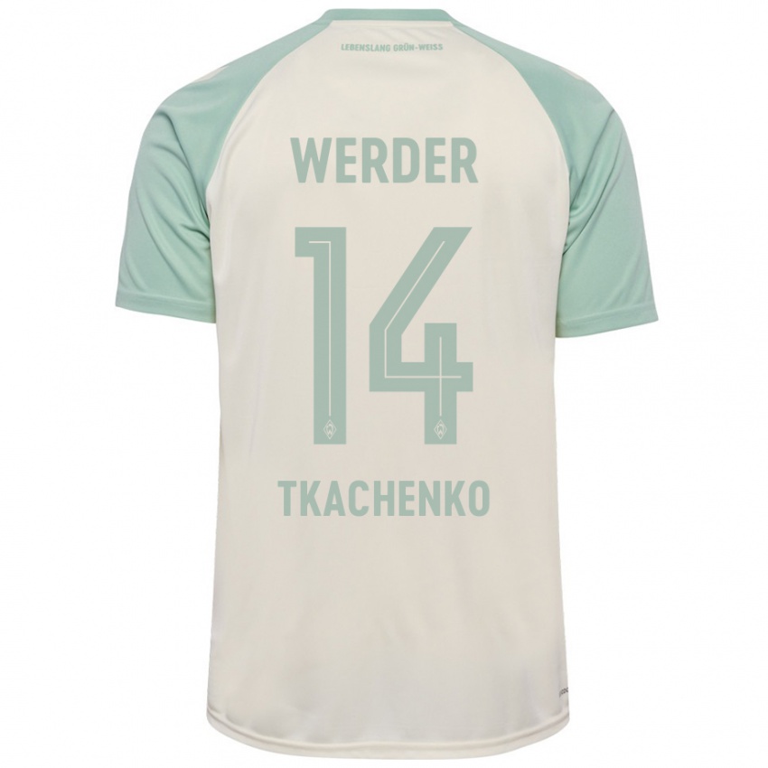 Kinder Oleksandr Tkachenko #14 Cremeweiß Hellgrün Auswärtstrikot Trikot 2024/25 T-Shirt Österreich