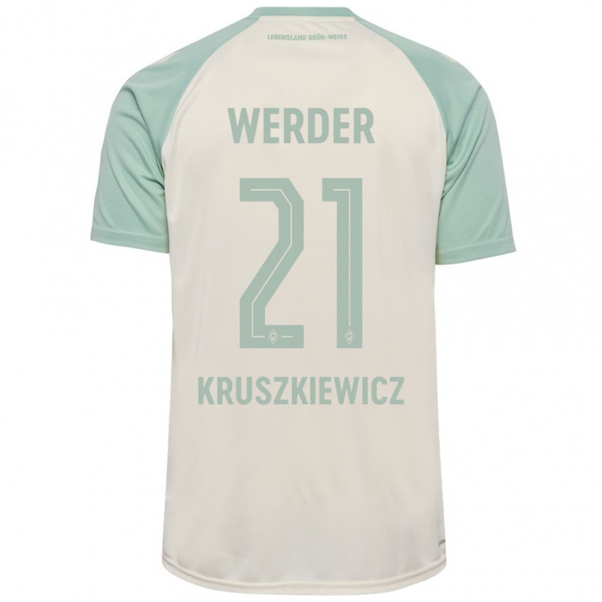 Kinder Jakub Kruszkiewicz #21 Cremeweiß Hellgrün Auswärtstrikot Trikot 2024/25 T-Shirt Österreich